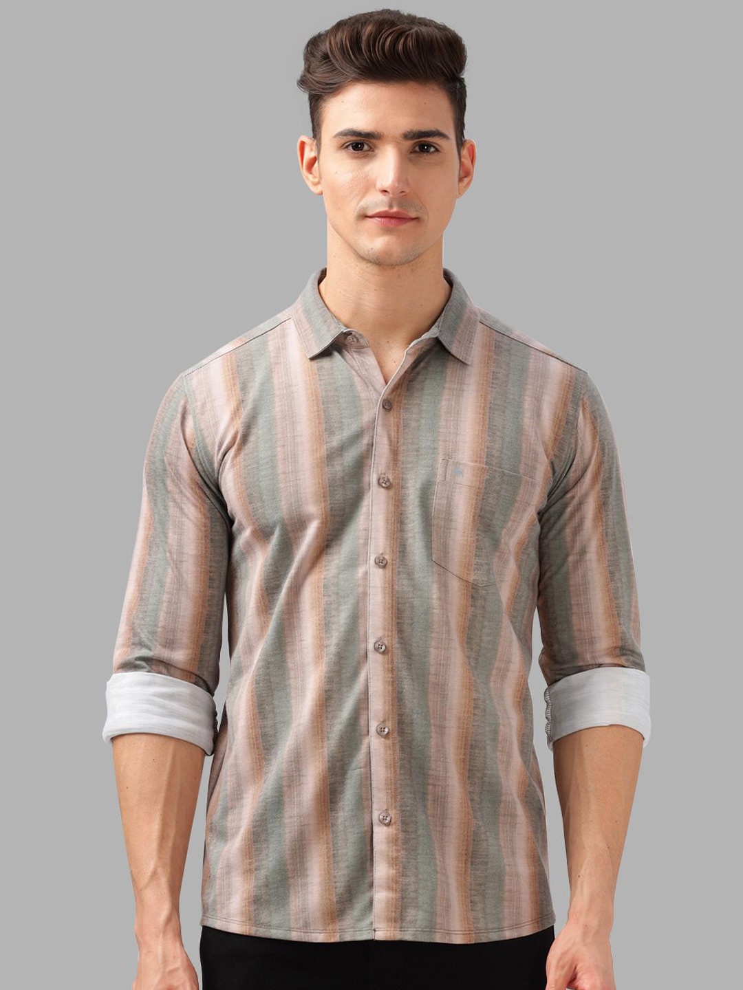 

BULLMER Men Spread Collar Vertical Striped Cotton Casual Shirt, Brown