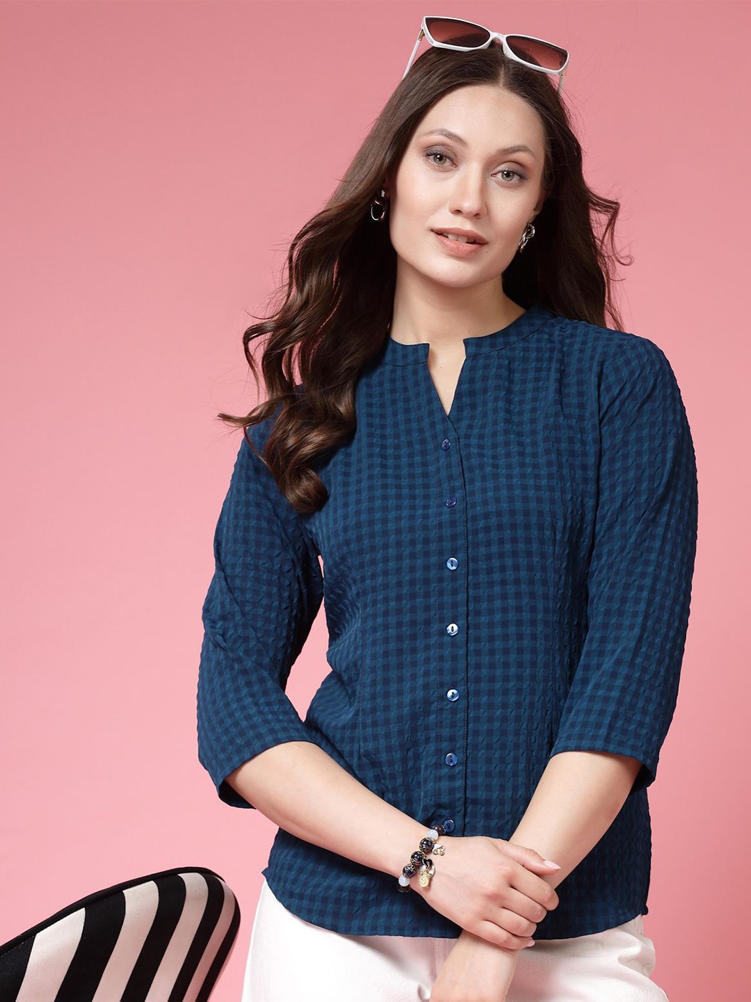 

BEING NAUGHTY Women Comfort Mandarin Collar Gingham Checked Casual Shirt, Navy blue