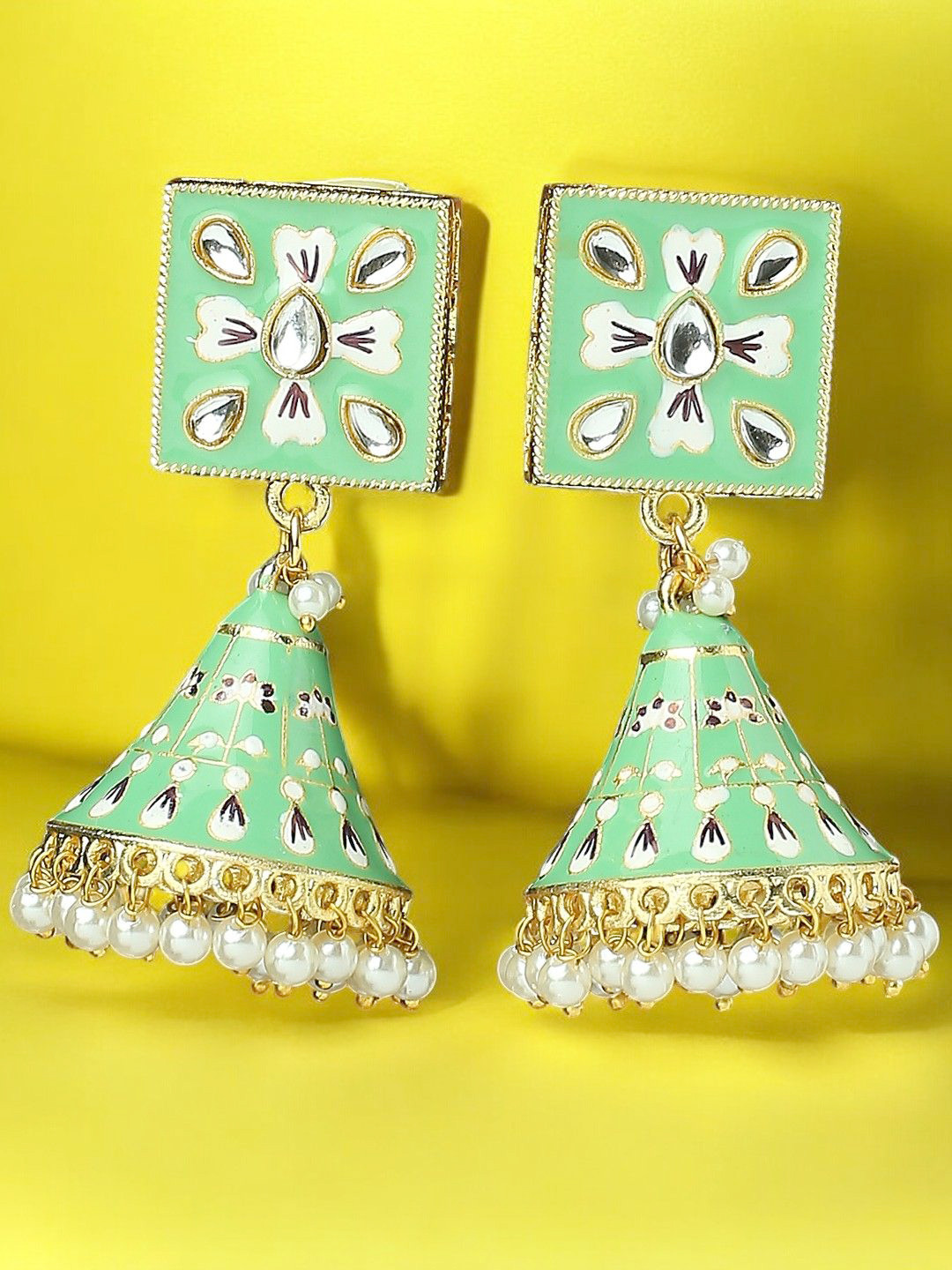 

OOMPH Kundan Studded Meenakari Geometric Jhumkas Earrings, Green