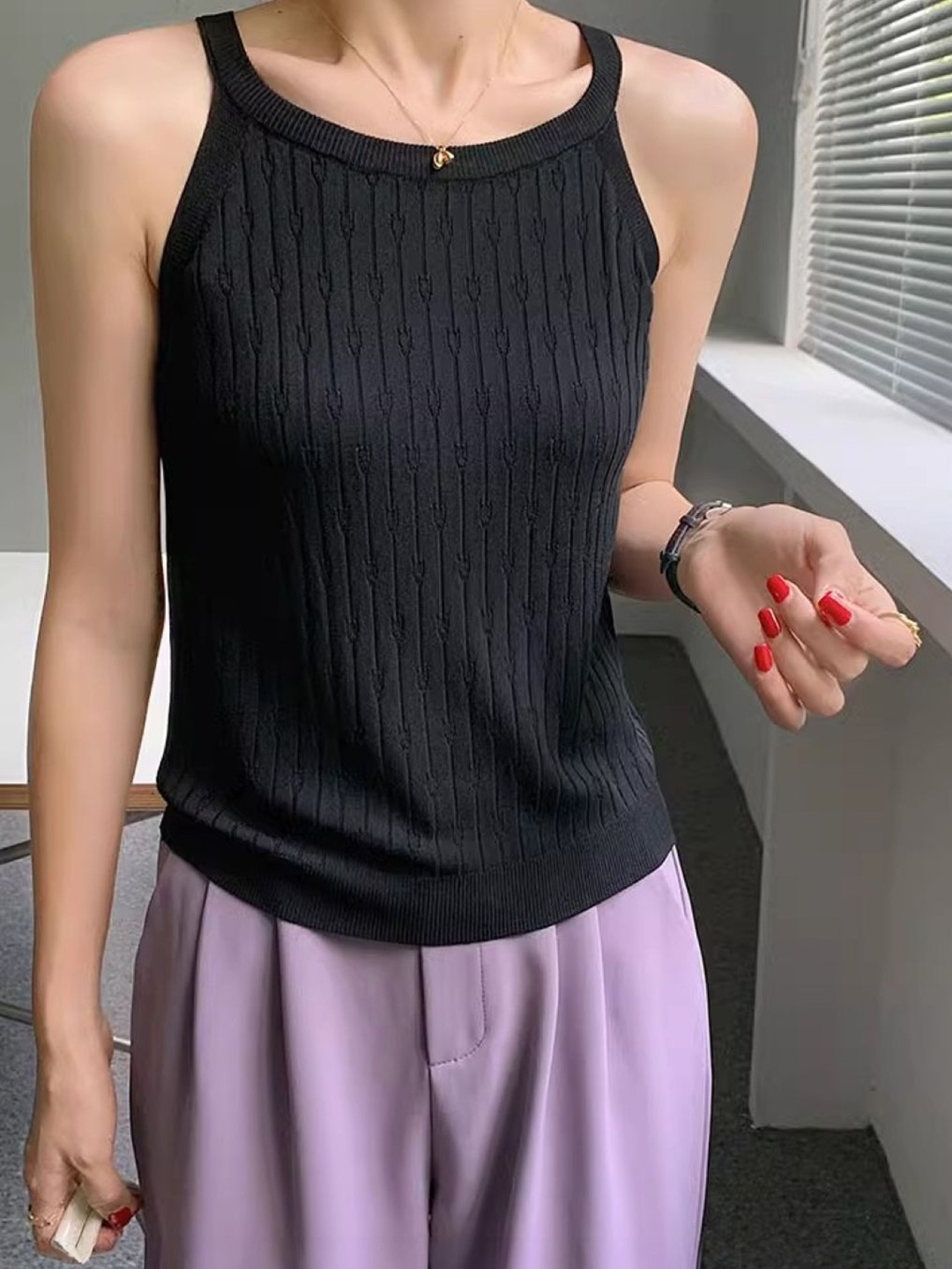 

StyleCast Women Self Design Round Neck Top, Black