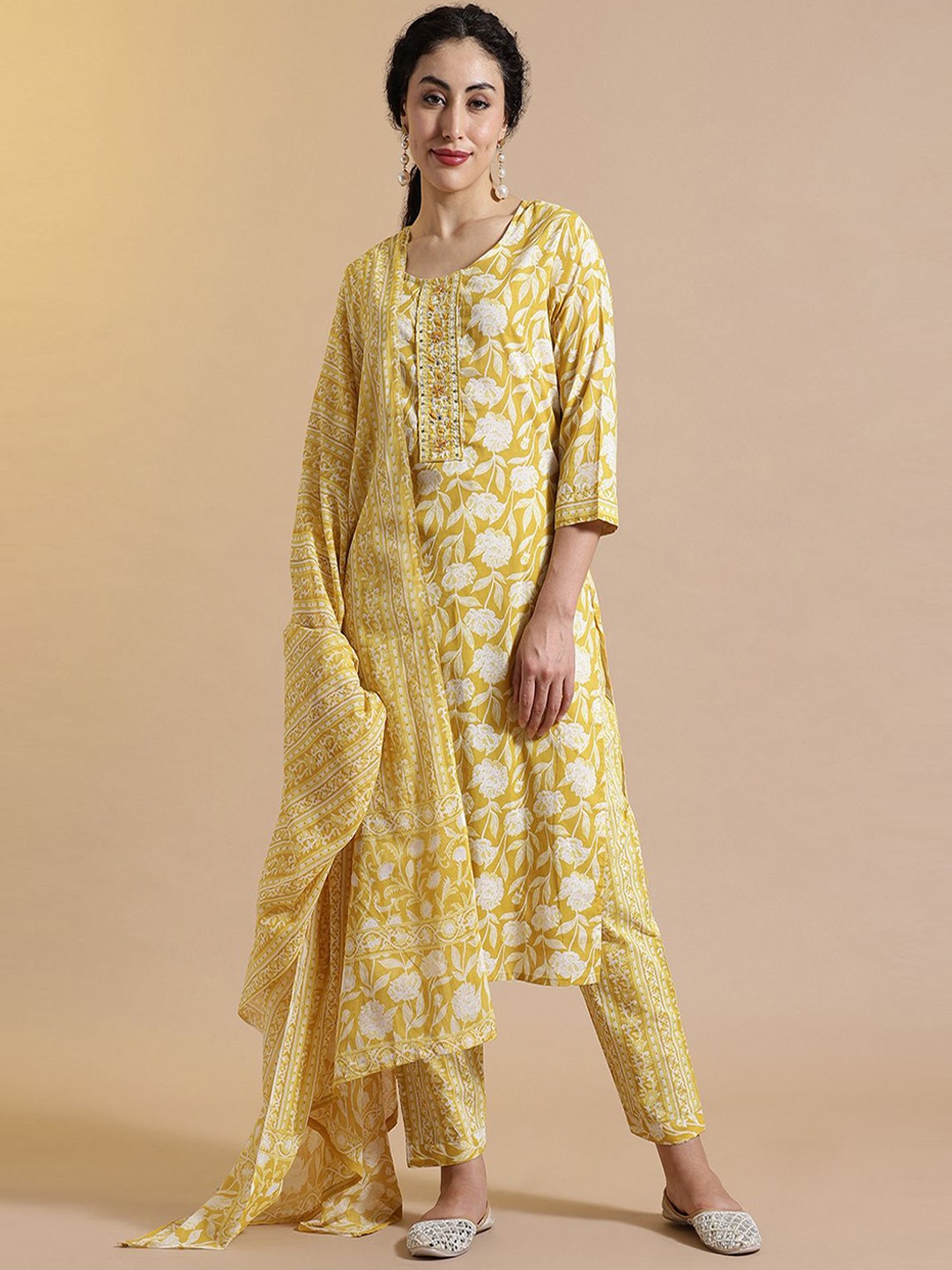 

STYLEBAAZI Women Floral Embroidered Thread Work Pure Cotton Kurta with Trousers & Dupatta, Yellow