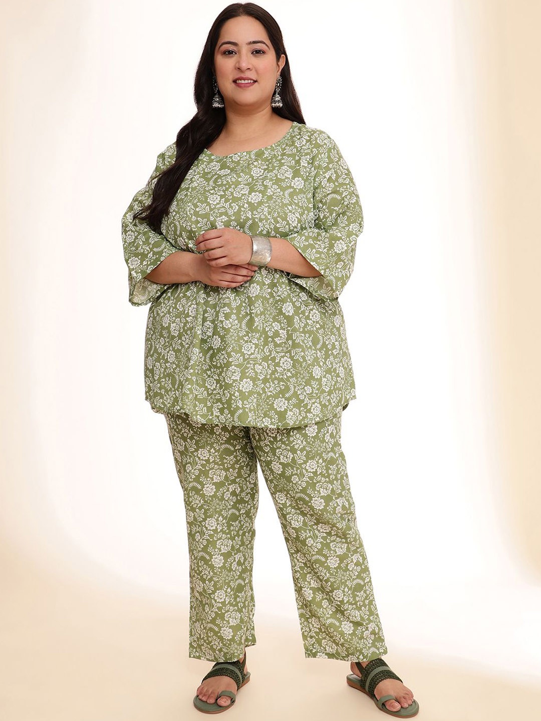 

DressBerry Floral Printed Cotton Linen Tunic With Trousers, Green