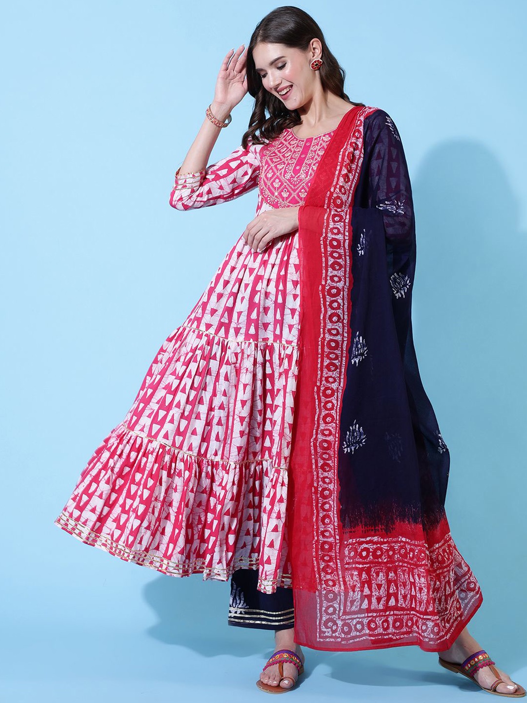 

GLAM ROOTS Floral Printed Empire Pure Cotton Anarkali Kurta with Trousers & Dupatta, Pink