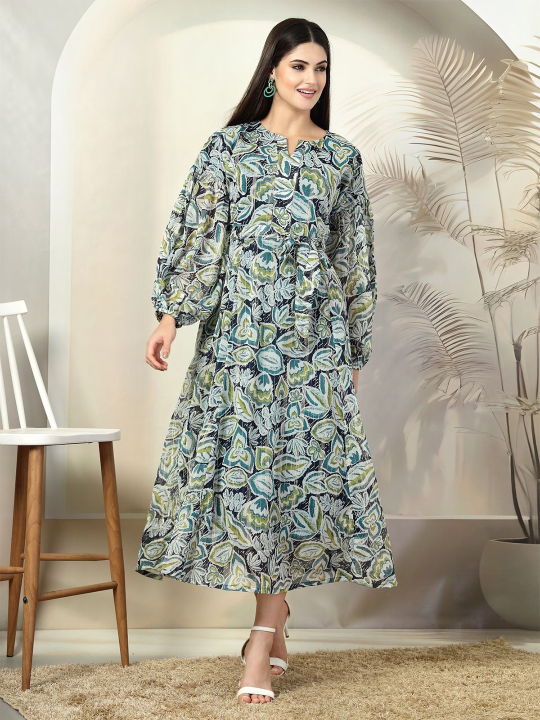 

plusS Floral Printed Maxi Puff Sleeve Dress, Green