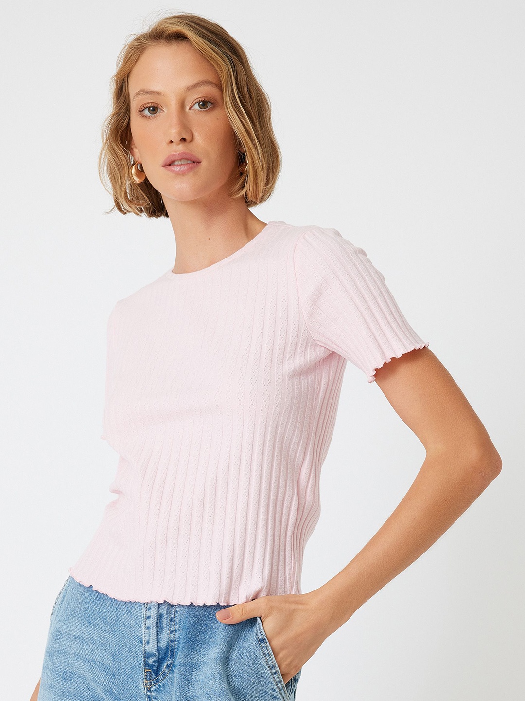 

Koton Women Solid Round Neck Cotton Slim Fit T-shirt, Pink
