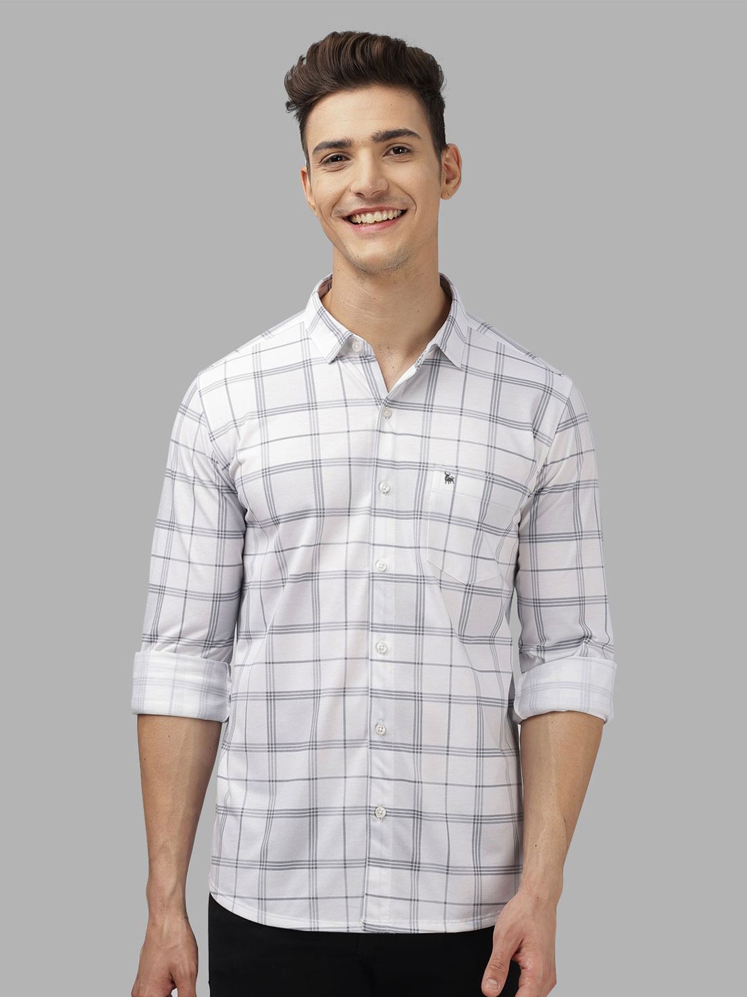 

BULLMER Men Spread Collar Checked Cotton Casual Shirt, White