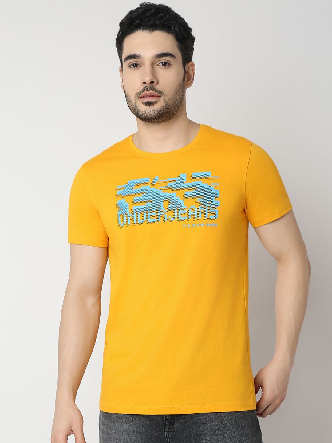 

UnderJeans by Spykar Men Typography Printed Cotton T-Shirt, Yellow