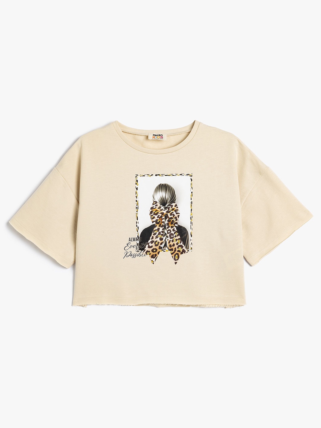 

Koton Girls Graphic Printed Round Neck Cotton T-shirt, Beige