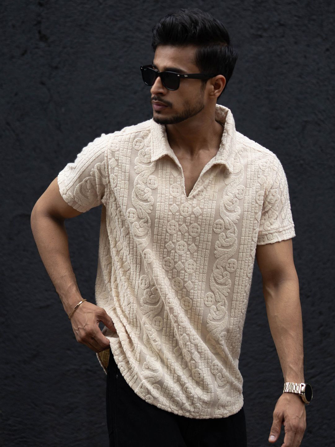 

Powerlook Men Self Design Polo Collar T-shirt, Cream