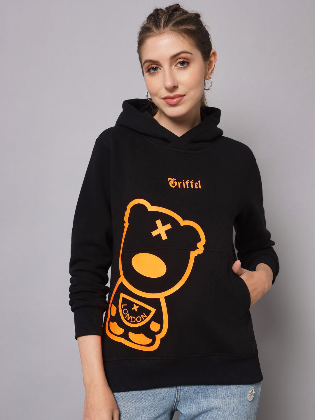 

GRIFFEL Women Graphic Printed Hooded Sweatshirt, Black