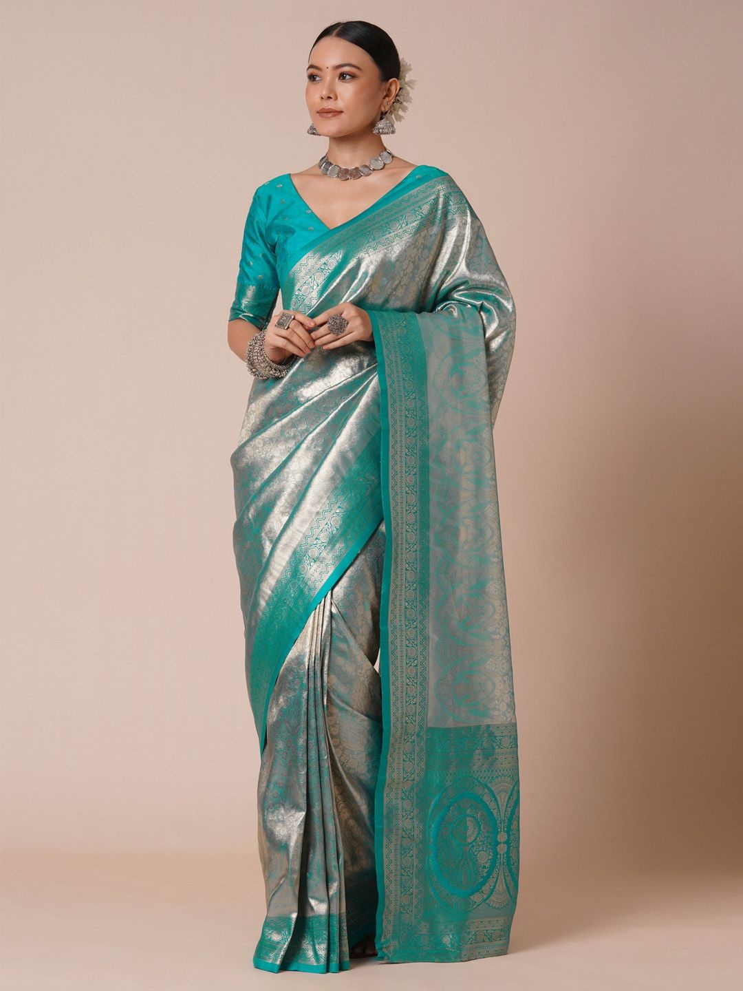 

House of Pataudi Paisley Woven Kanjeevaram Silk Design Saree, Blue