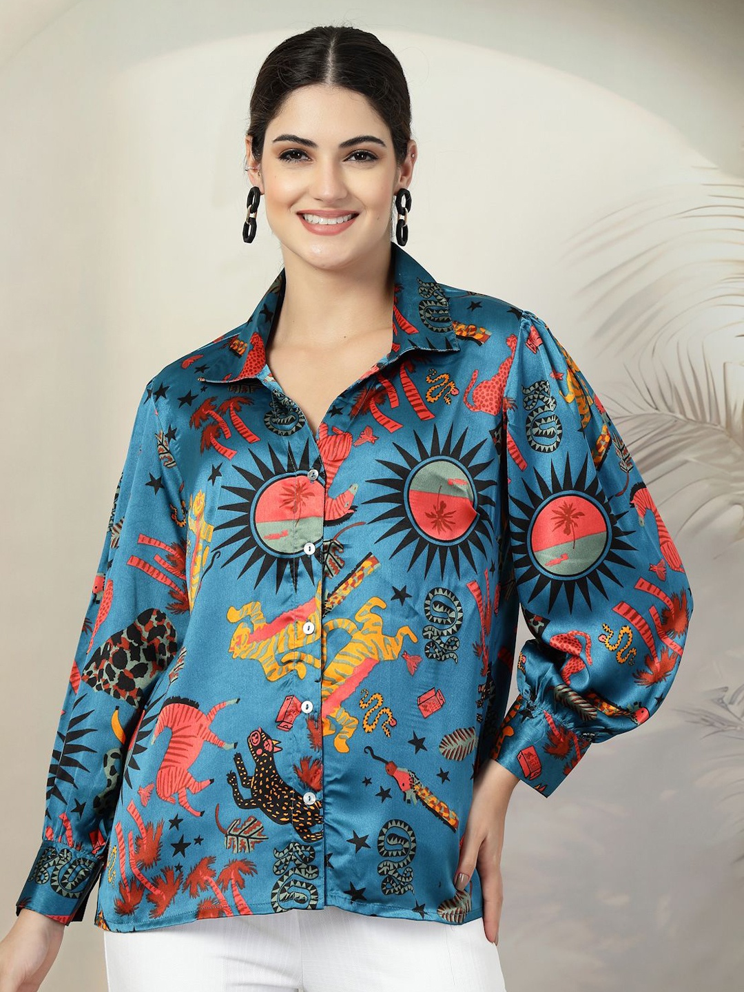 

plusS Women Standard Spread Collar Conversational Printed Casual Shirt, Blue
