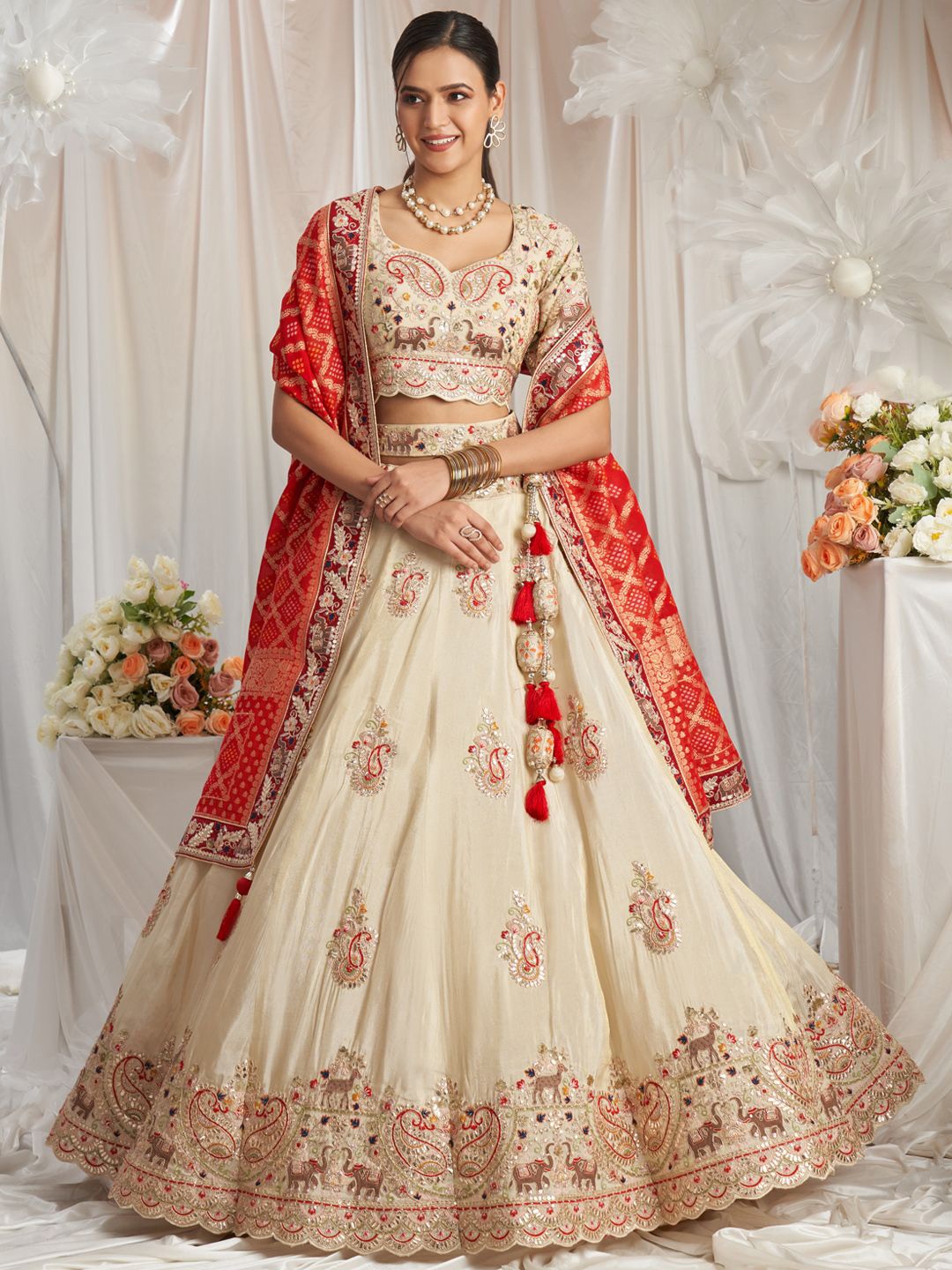 

panchhi Embroidered Sequinned Semi-Stitched Lehenga & Unstitched Blouse With Dupatta, Cream