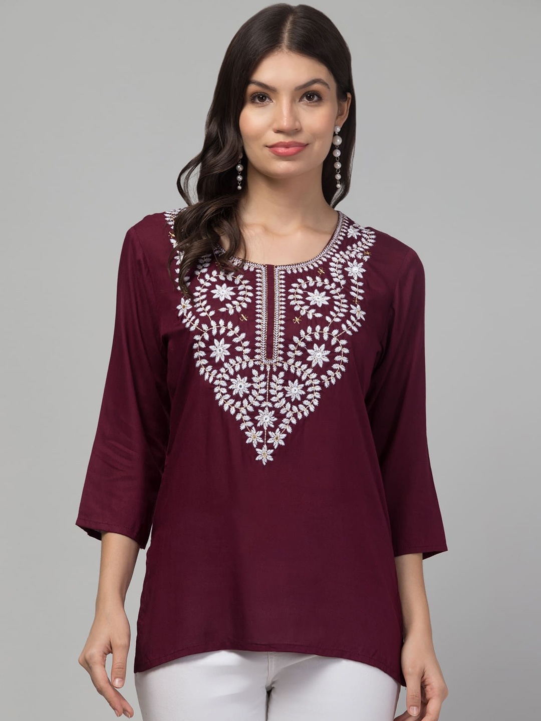 

FAMBEE Floral Embroidered Thread Work Pure Cotton Kurti, Maroon