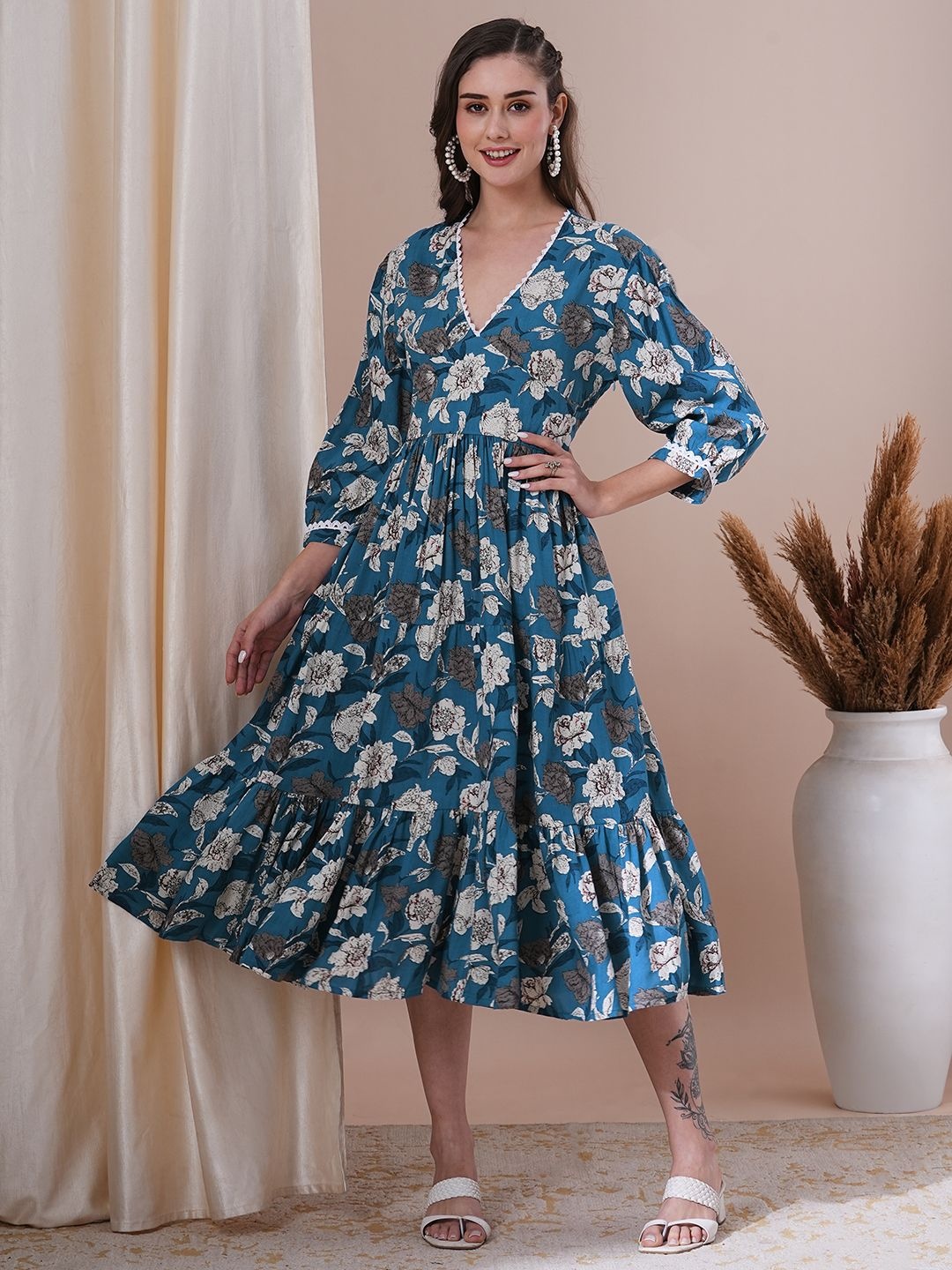 

FASHOR Floral Printed Puff Sleeve A-Line Midi Dress, Blue