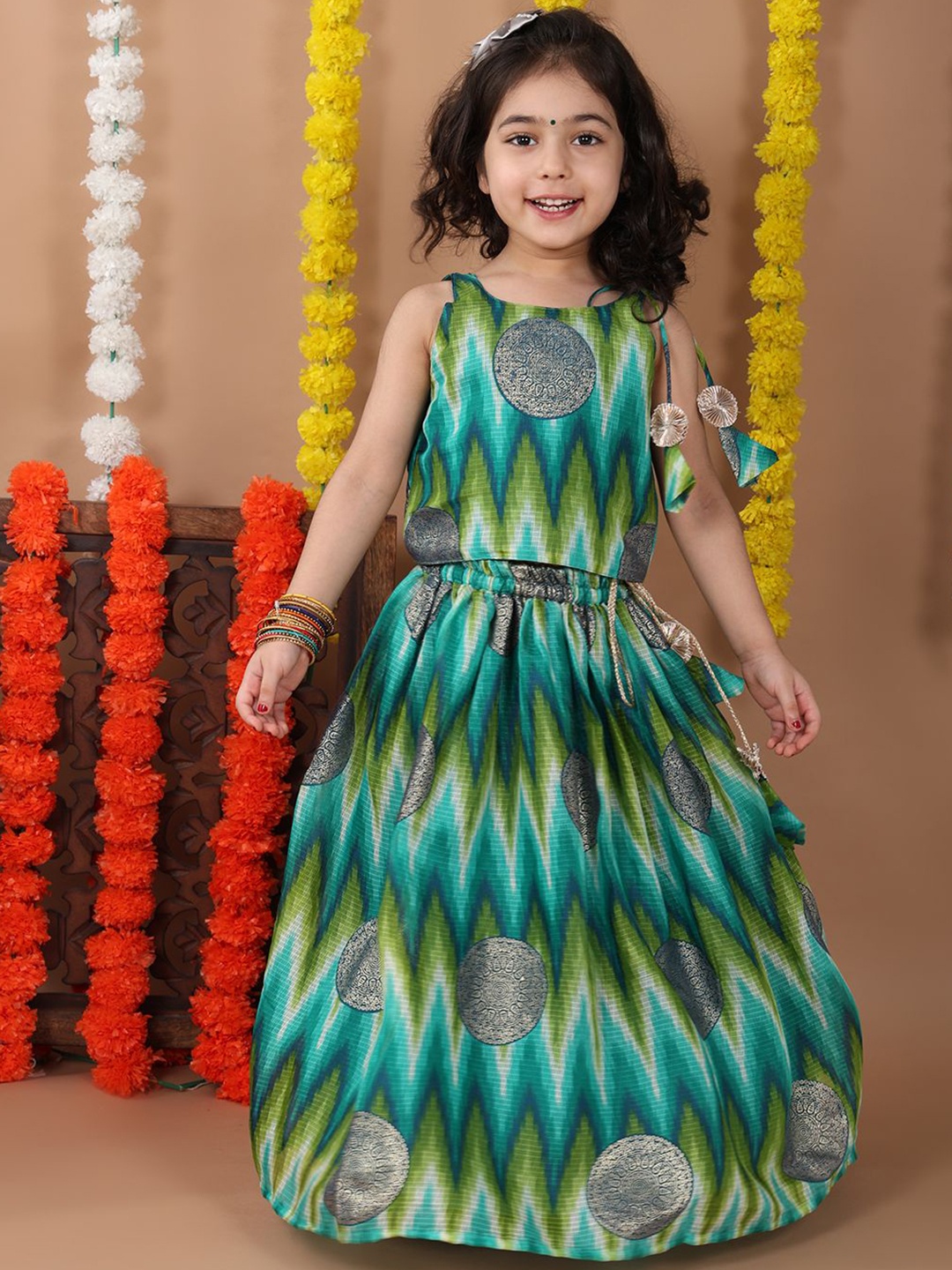 

Kinder Kids Girls Geometric Printed Ready to Wear Lehenga & Choli, Green