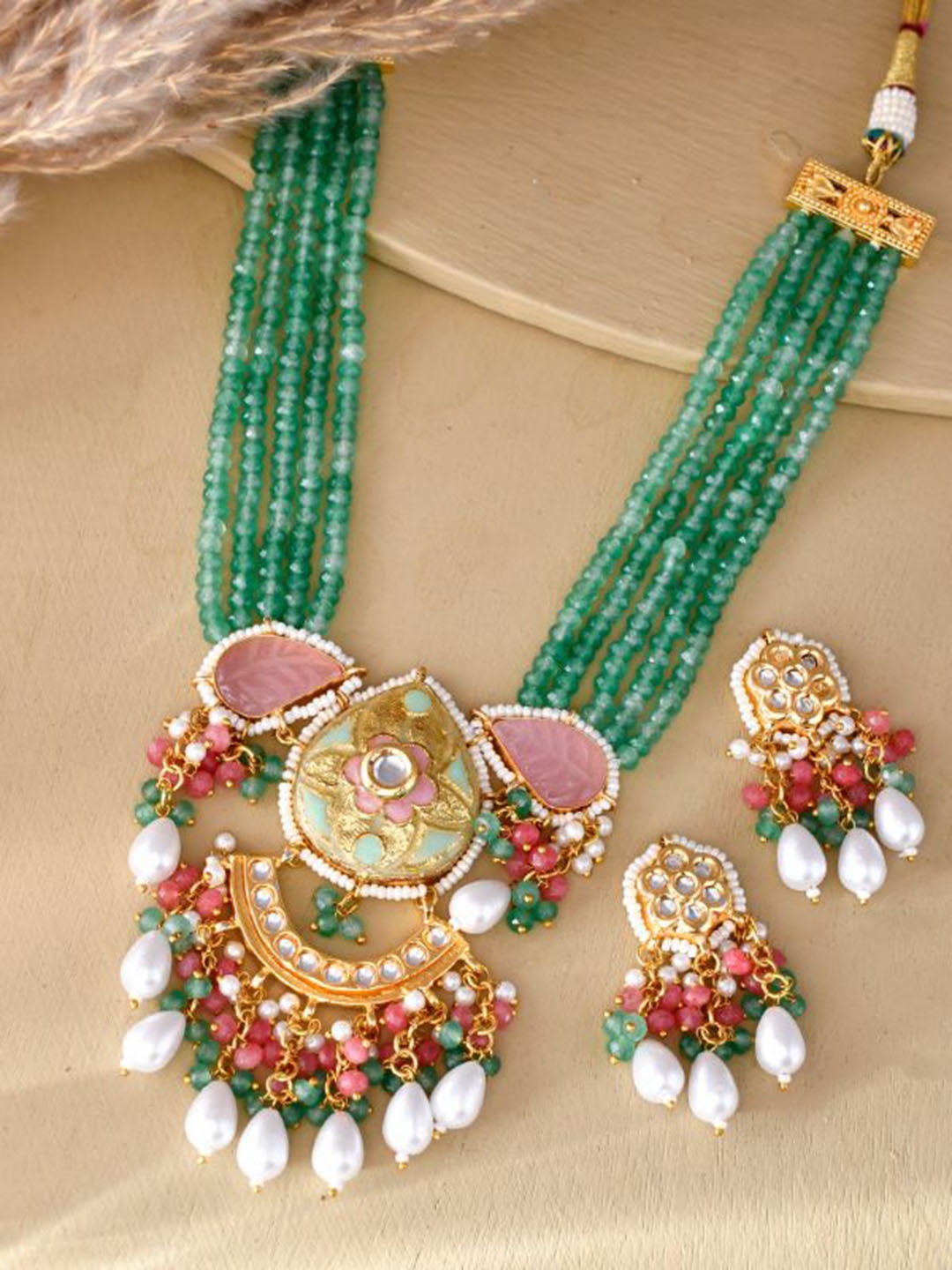 

DASTOOR Gold Plated Stone Studded & Beaded Jewellery Set