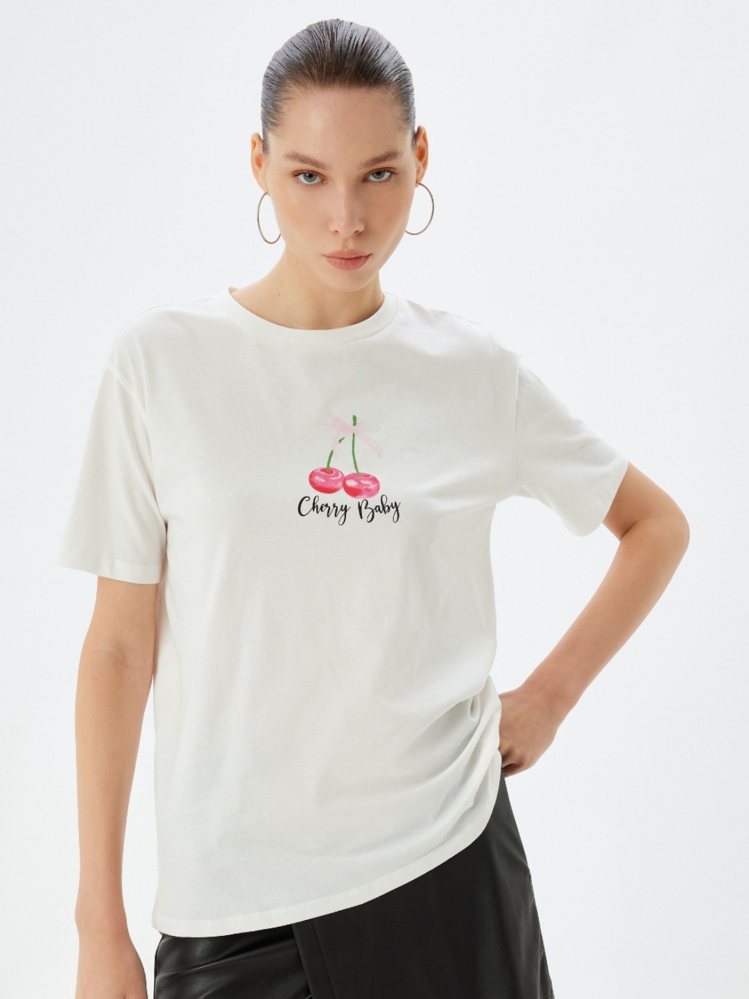 

Koton Women Graphic Printed V-Neck Cotton Oversized T-shirt, White