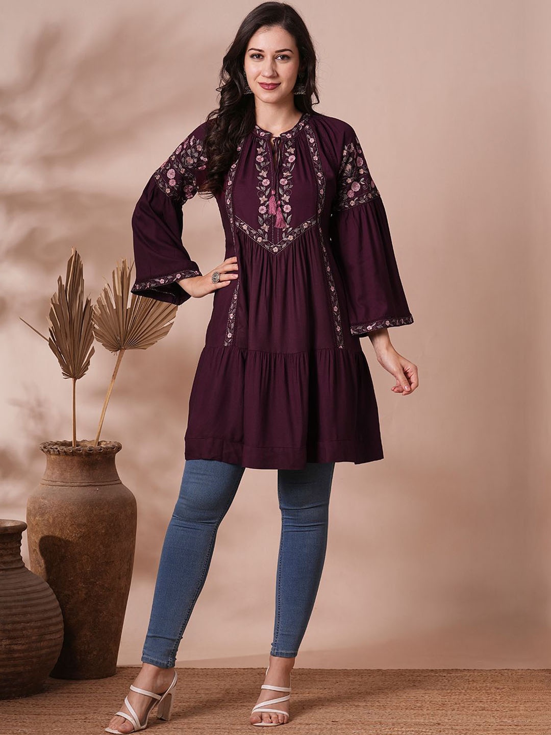 

FASHOR Floral Embroidered Tie-Up Neck A-Line Kurta, Burgundy