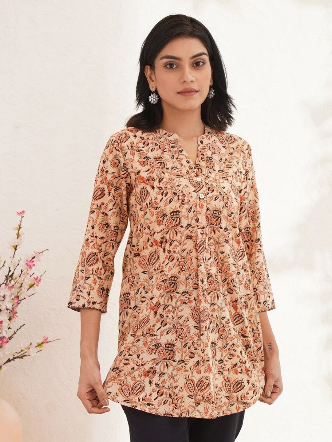 

JAYPORE Printed Mandarin Collar Cotton Tunic, Brown