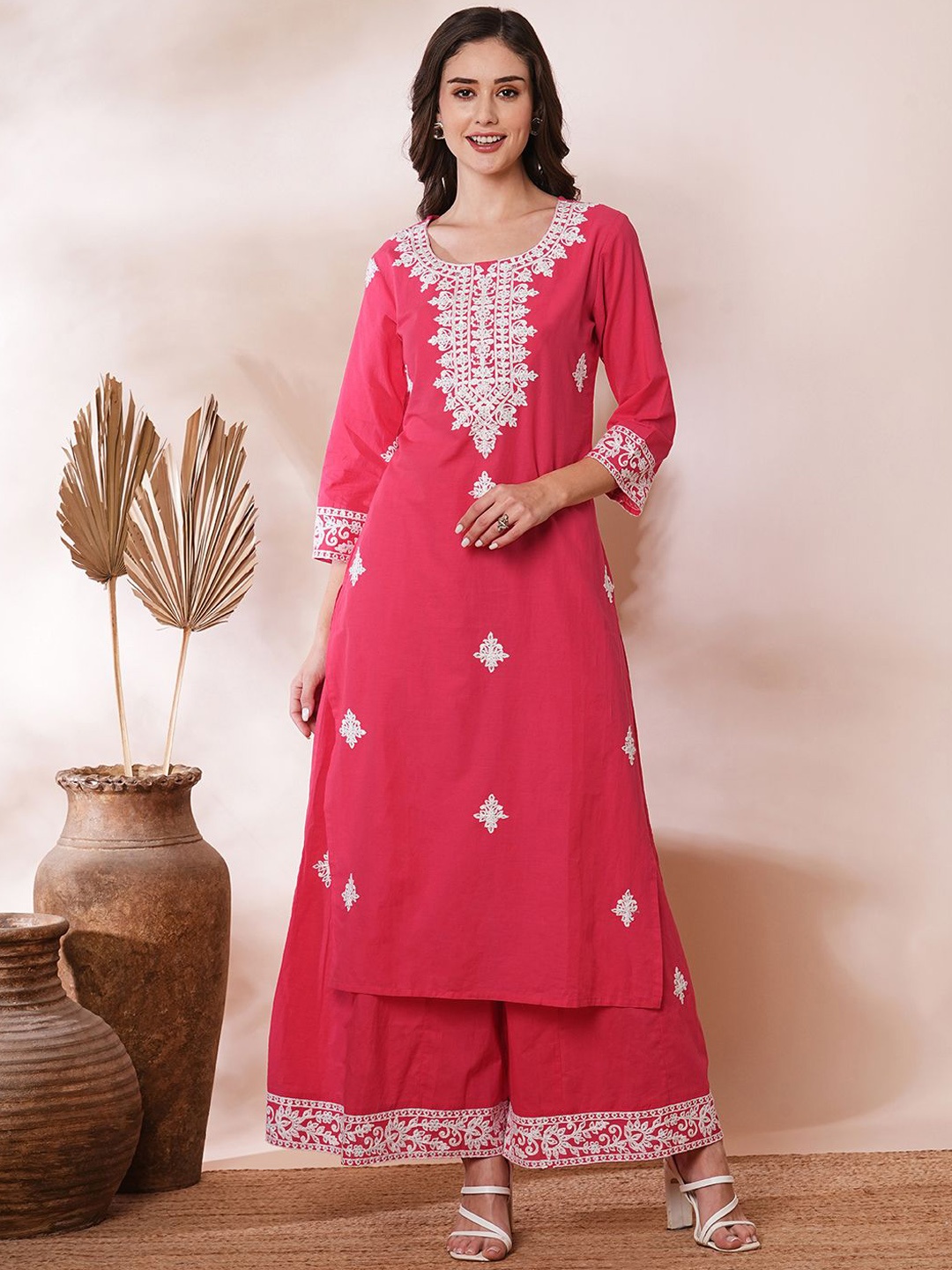 

FASHOR Ethnic Floral Embroidered Tunic With Palazzos Co-Ords, Pink