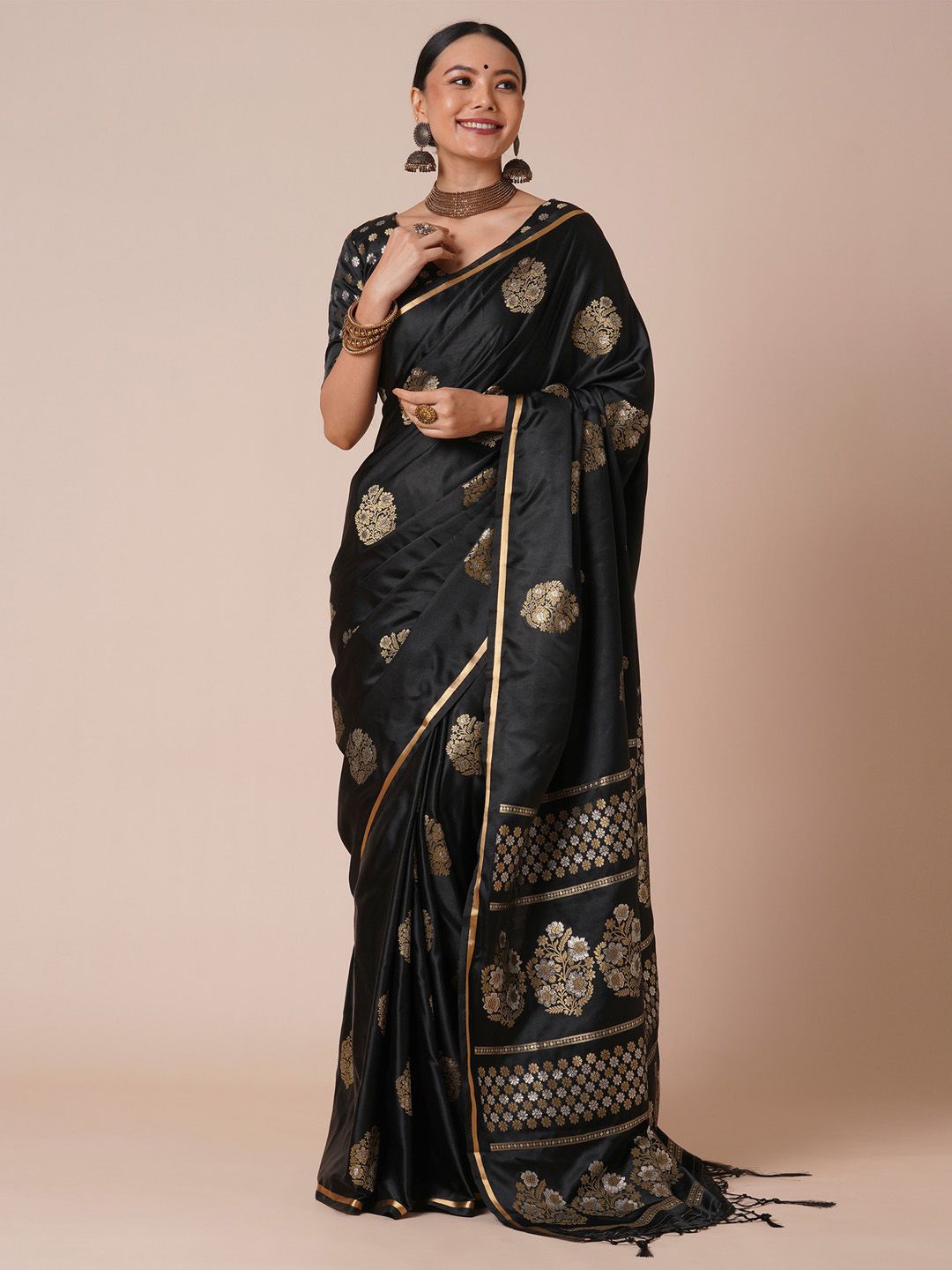 

House of Pataudi Floral Woven Design Banarasi Saree With Blouse Piece, Black