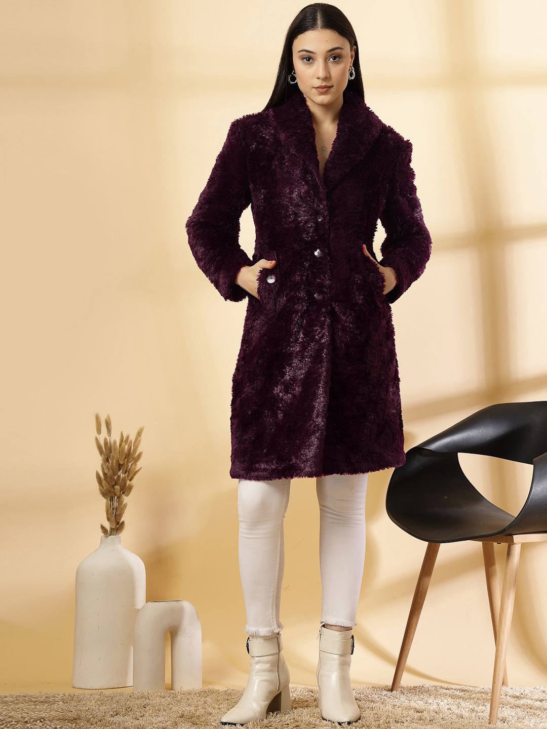 

KLOTTHE Long Sleeve Single-Breasted Woolen Overcoat, Burgundy