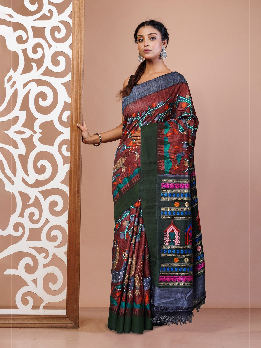

Unnati Silks Ethnic Motifs Pure Silk Handloom Tussar Saree, Burgundy