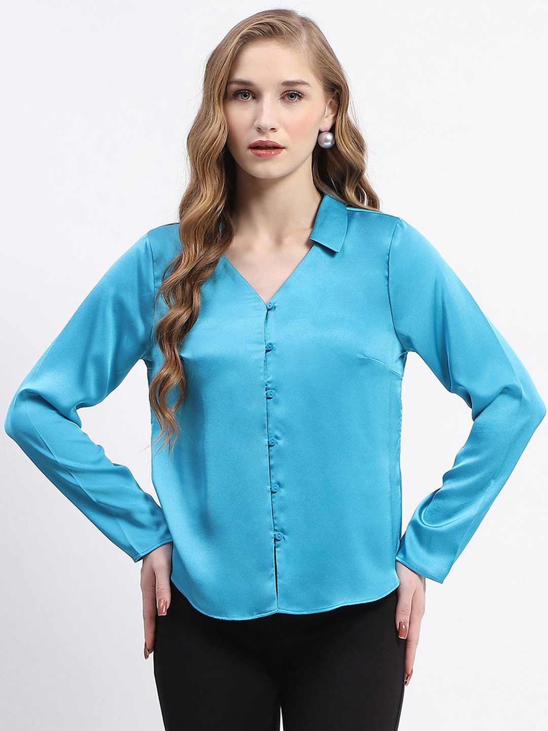 

Madame Women Solid Shirt Collar Top, Blue