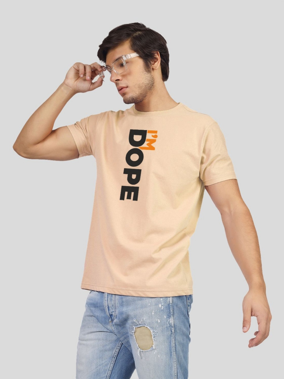 

Greylongg Men Typography Printed Round Neck Cotton T-shirt, Beige