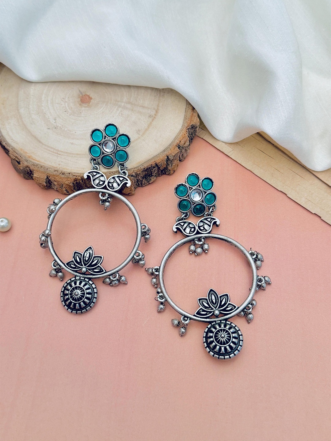 

ABDESIGNS Silver-Plated Stones Studded Floral Oxidised Drop Earrings