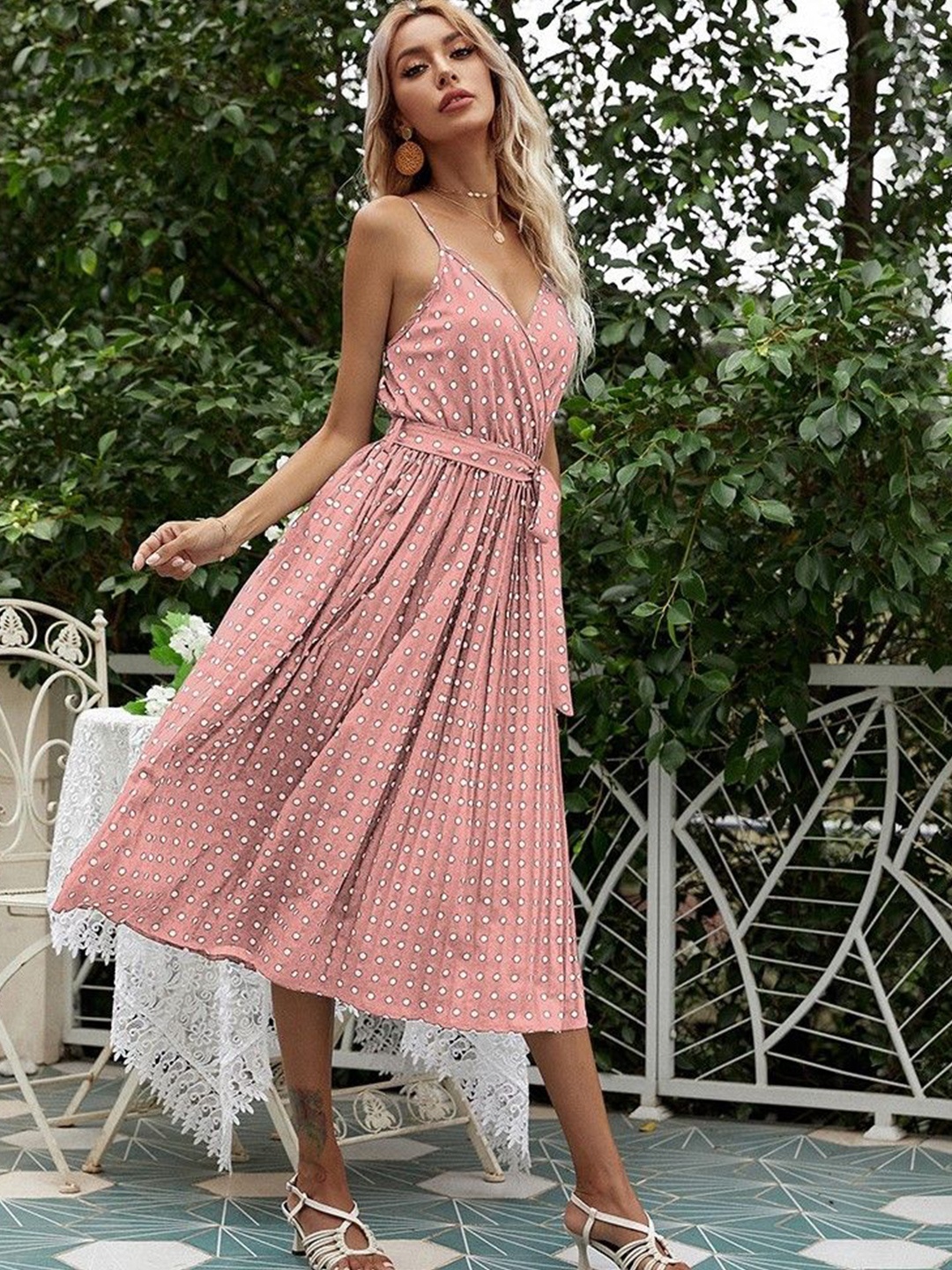 

StyleCast Polka Dot Printed Shoulder Straps Wrap Dress With Tie-Ups, Rust