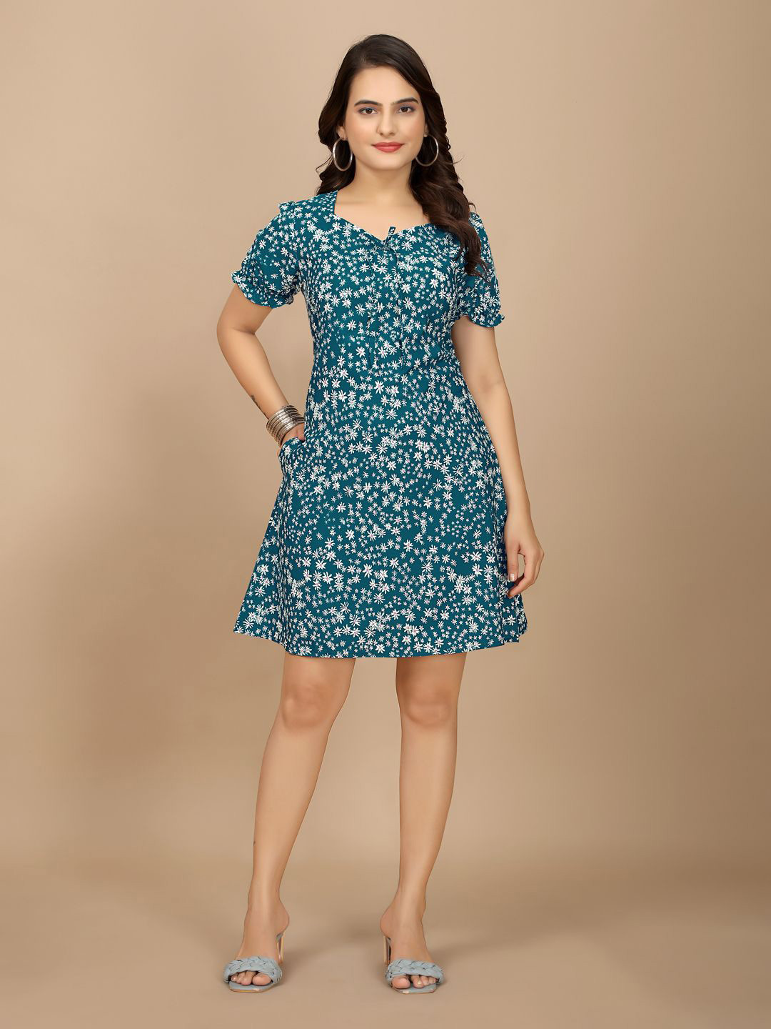 

BAESD Women Floral Printed Puff Sleeves A-Line Dress, Teal