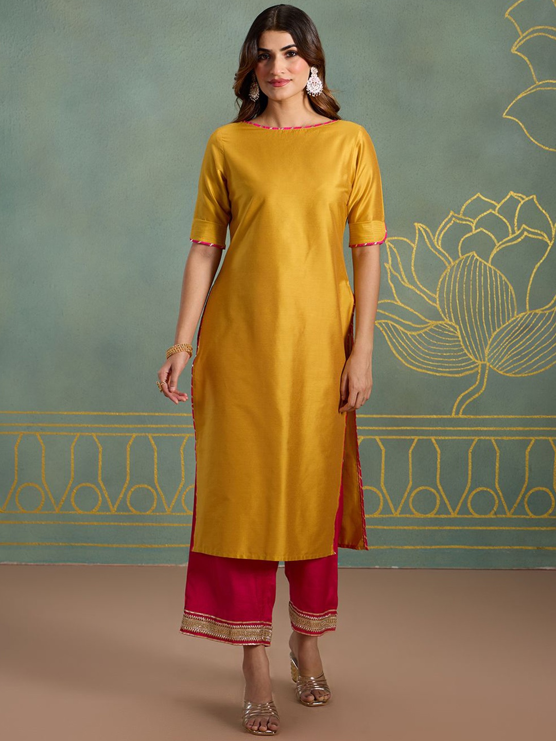 

Likha Boat Neck Straight Kurta with Palazzos, Mustard