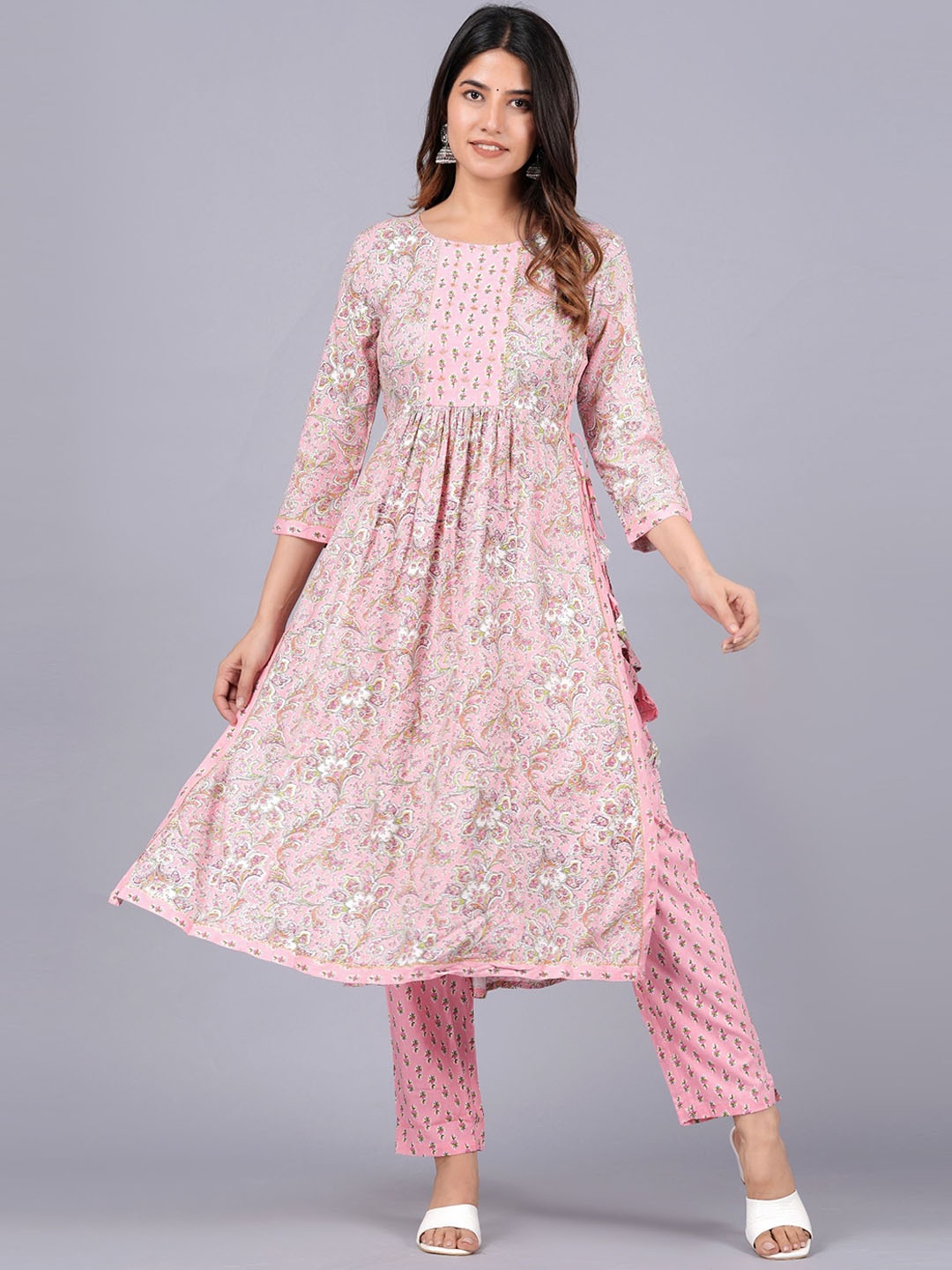 

KALINI Floral Printed Straight Kurta with Trousers, Pink