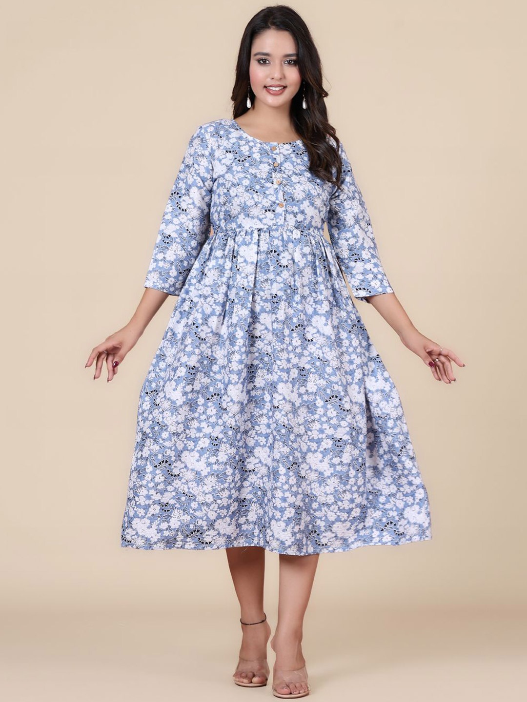 

HERE&NOW Printed A-Line Midi Dress, Blue