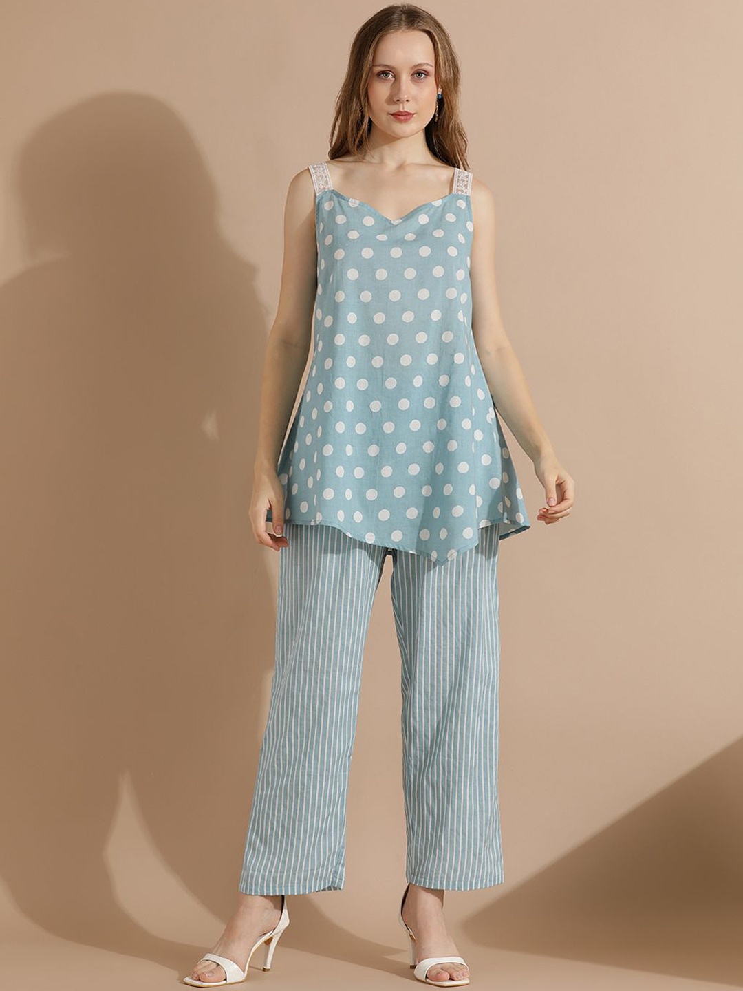 

STYLEBAAZI Printed Pure Cotton Top With Trouser Co-Ords, Blue