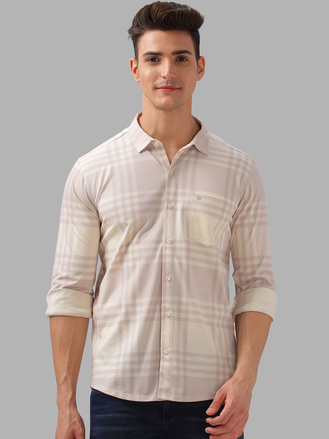

BULLMER Men Spread Collar Checked Cotton Casual Shirt, Beige