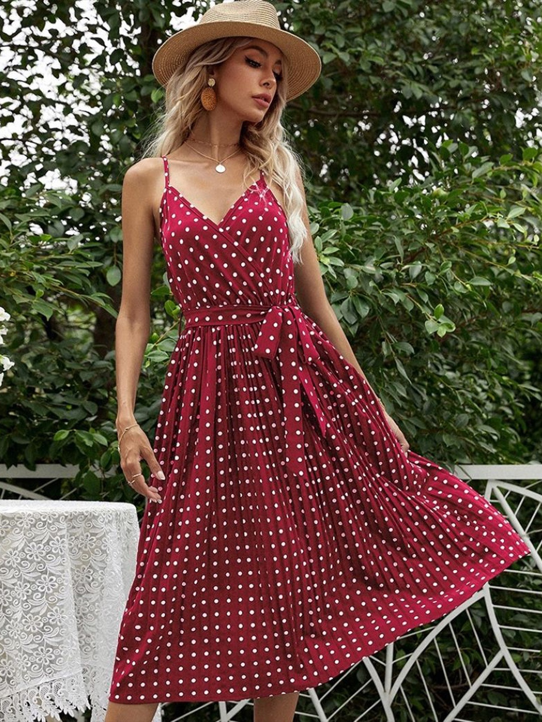 

StyleCast Polka Dot Print Empire Mini Dress, Maroon