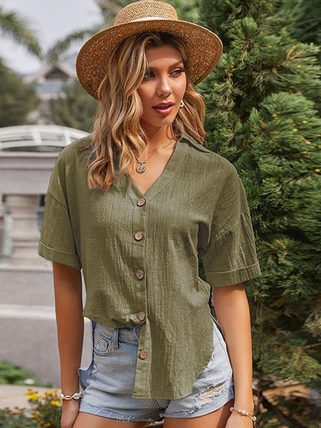 

StyleCast Women Spread Collar Textured Cotton Casual Shirt, Olive