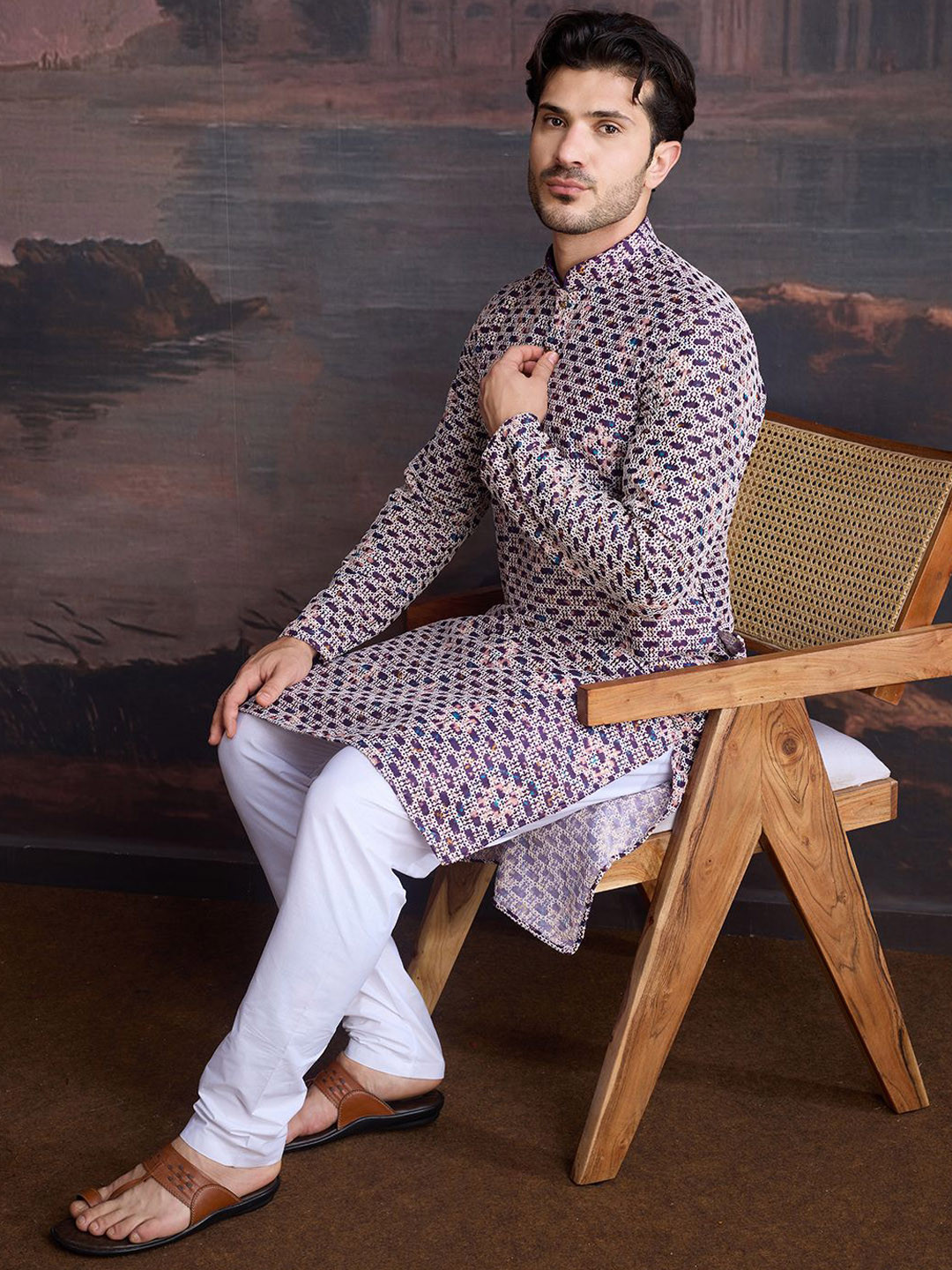 

House of Pataudi Printed Kurta With Pyjamas, Purple