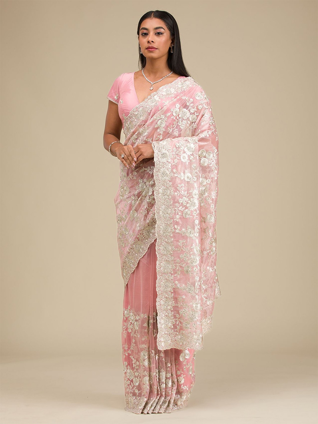 

Koskii Embroidered Zari Tissue Saree, Peach