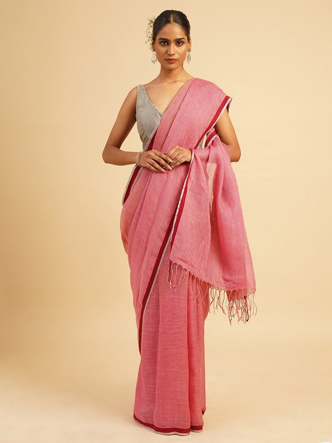 

JAYPORE Zari Pure Linen Saree, Pink