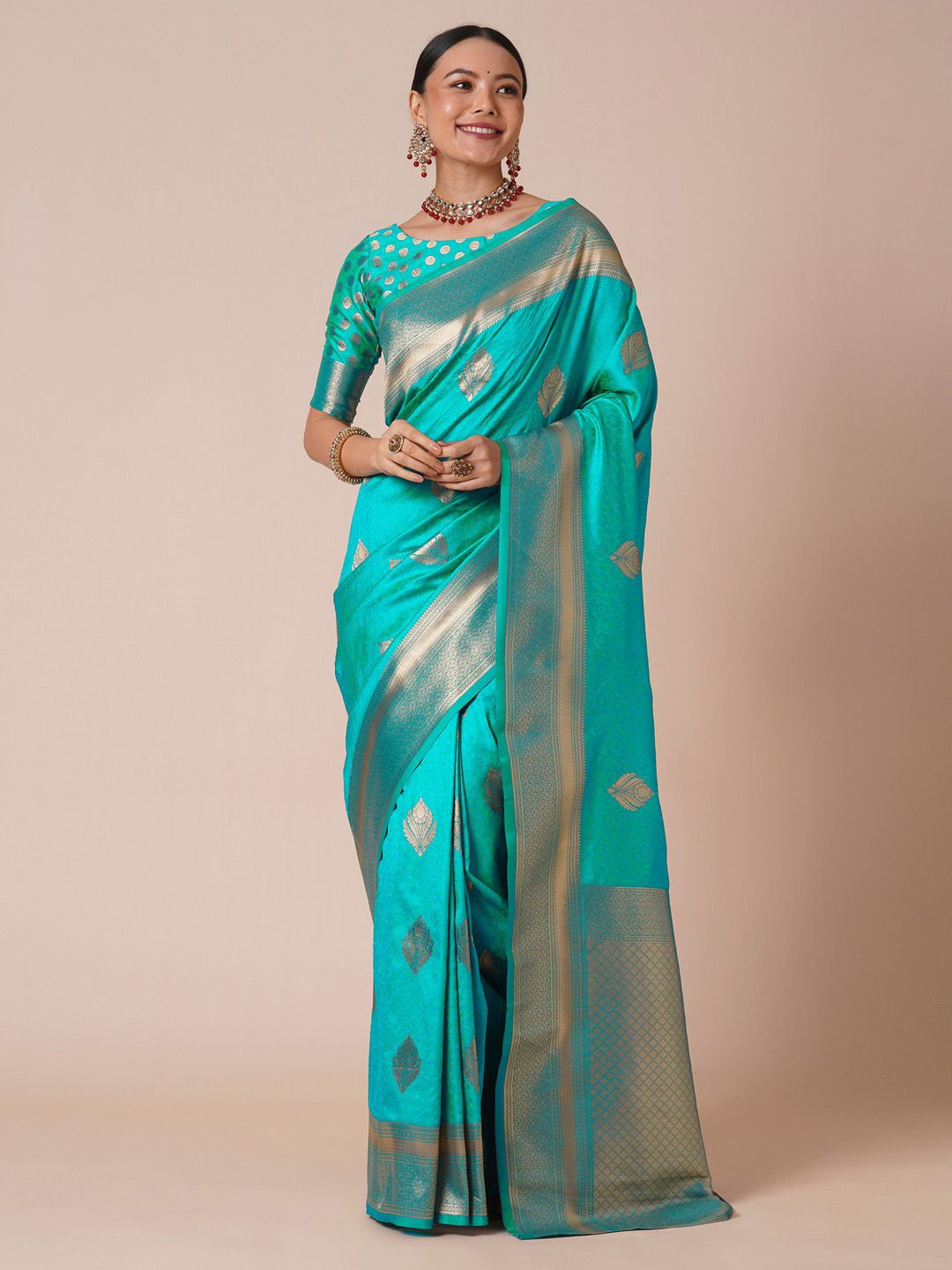 

House of Pataudi Bagh Woven Design Banarasi Silk Saree, Turquoise blue
