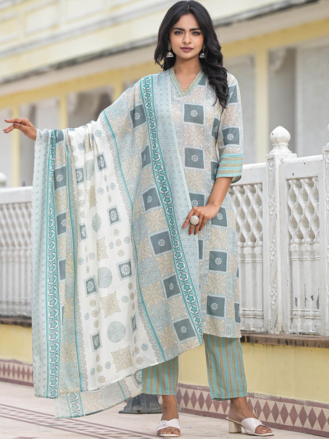

Juniper Floral Printed Thread Work Straight Kurta with Trousers & Dupatta, Blue