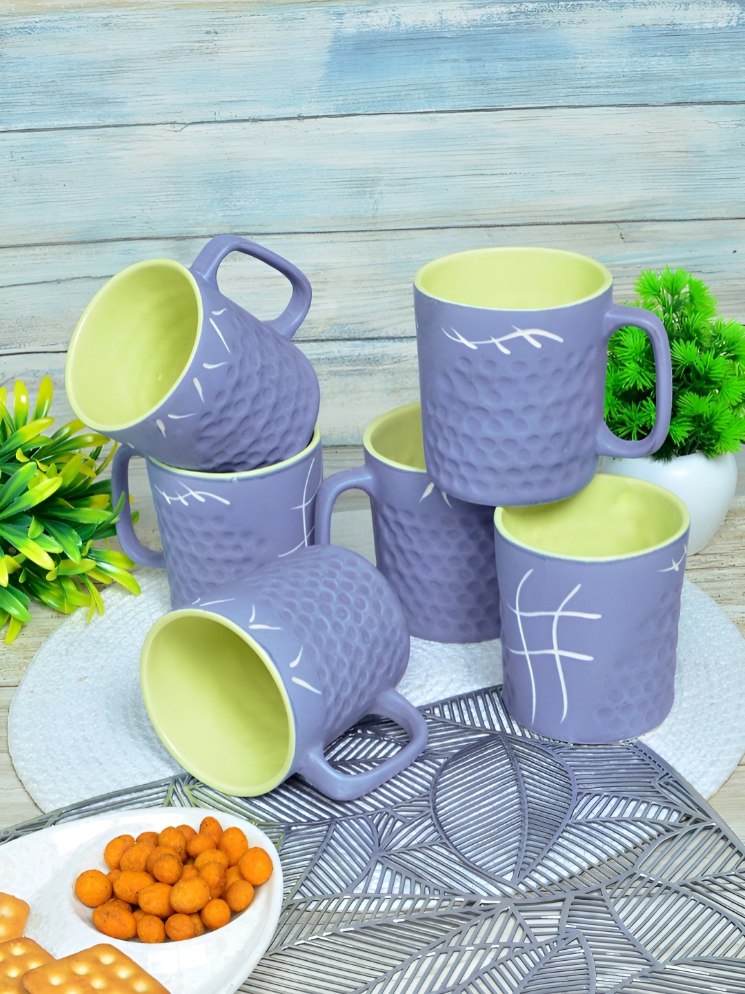 

FABINALIV Blue & Green 6 Pieces Printed Ceramic Matte Mugs