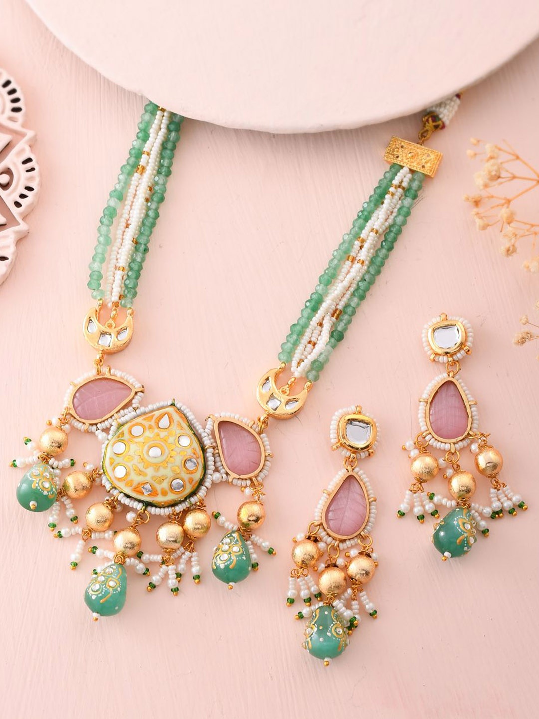 

DASTOOR Gold-Plated Stone-Studded & Beaded Necklace & Earrings