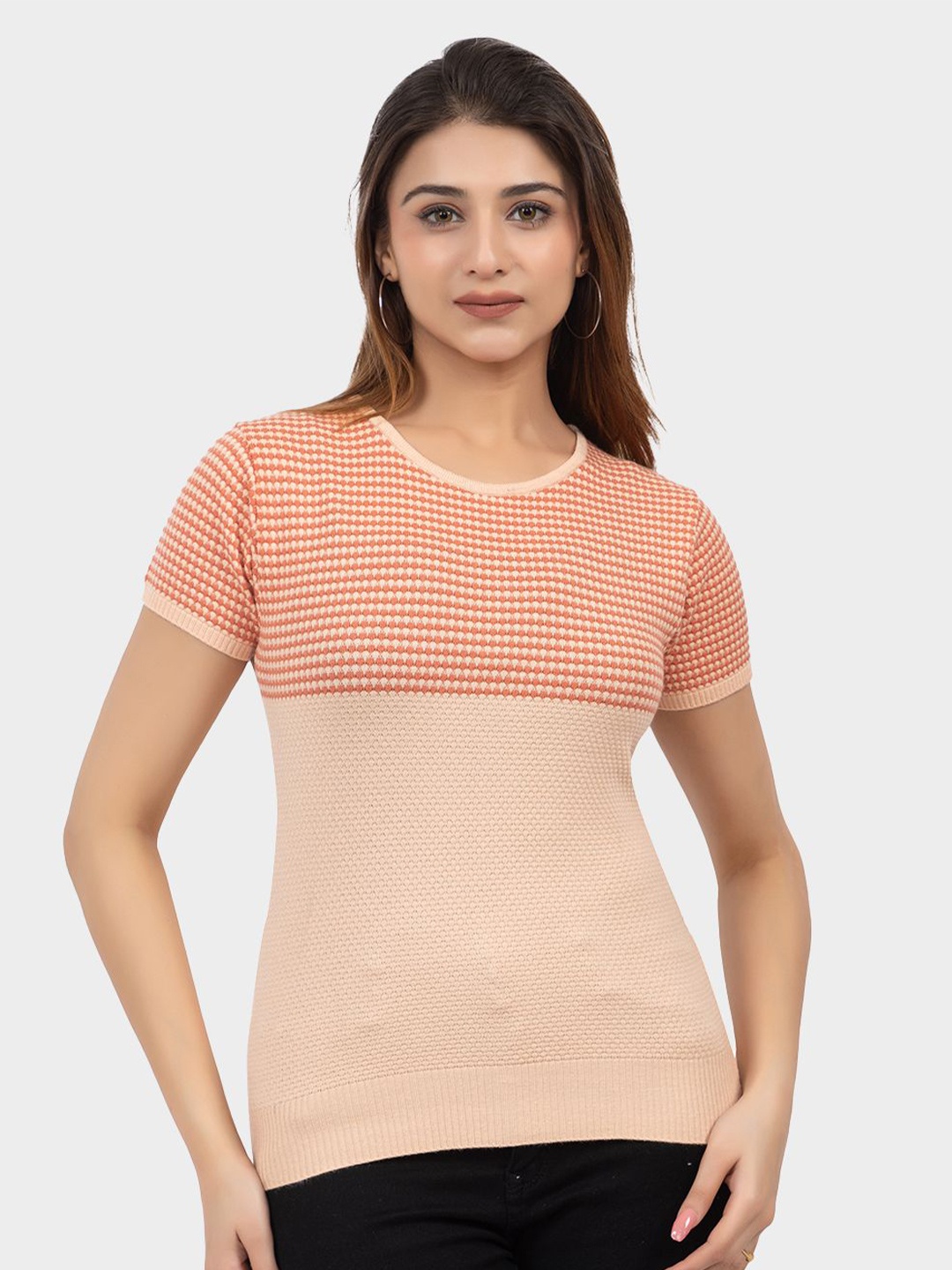 

LEZA Women Colourblocked V-Neck Cotton Top, Cream