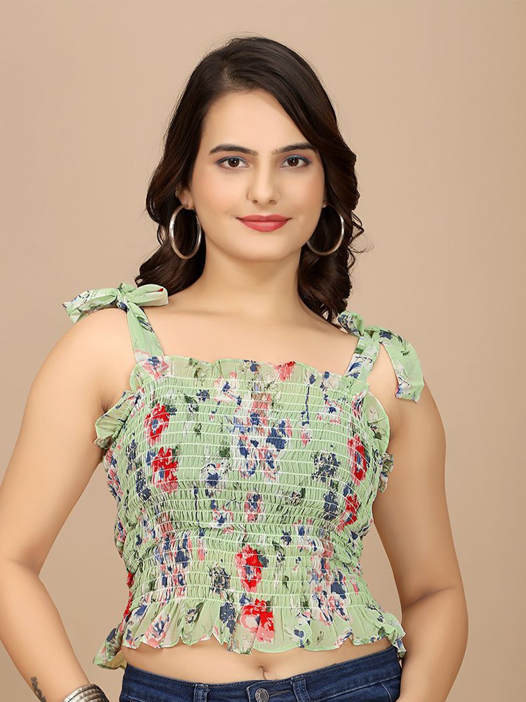

BAESD Floral Printed Smocked Crop Top, Green