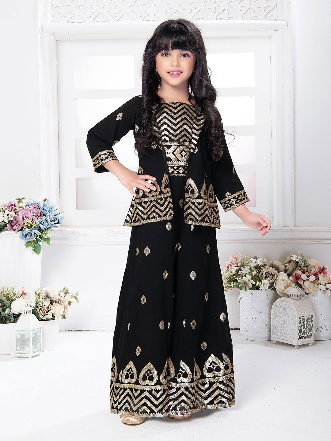 

Tiny Kingdom Girls Embellished Top with Palazzo & Jacket, Black